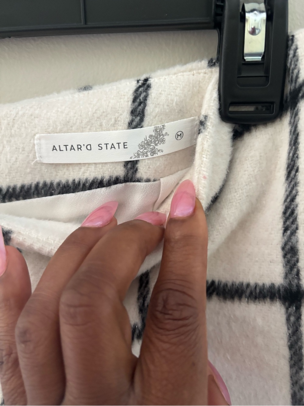 Altar'd State Ivory Mini Skirt with Black Windowpane Check and Side Slit Size M - Picture 4 of 8